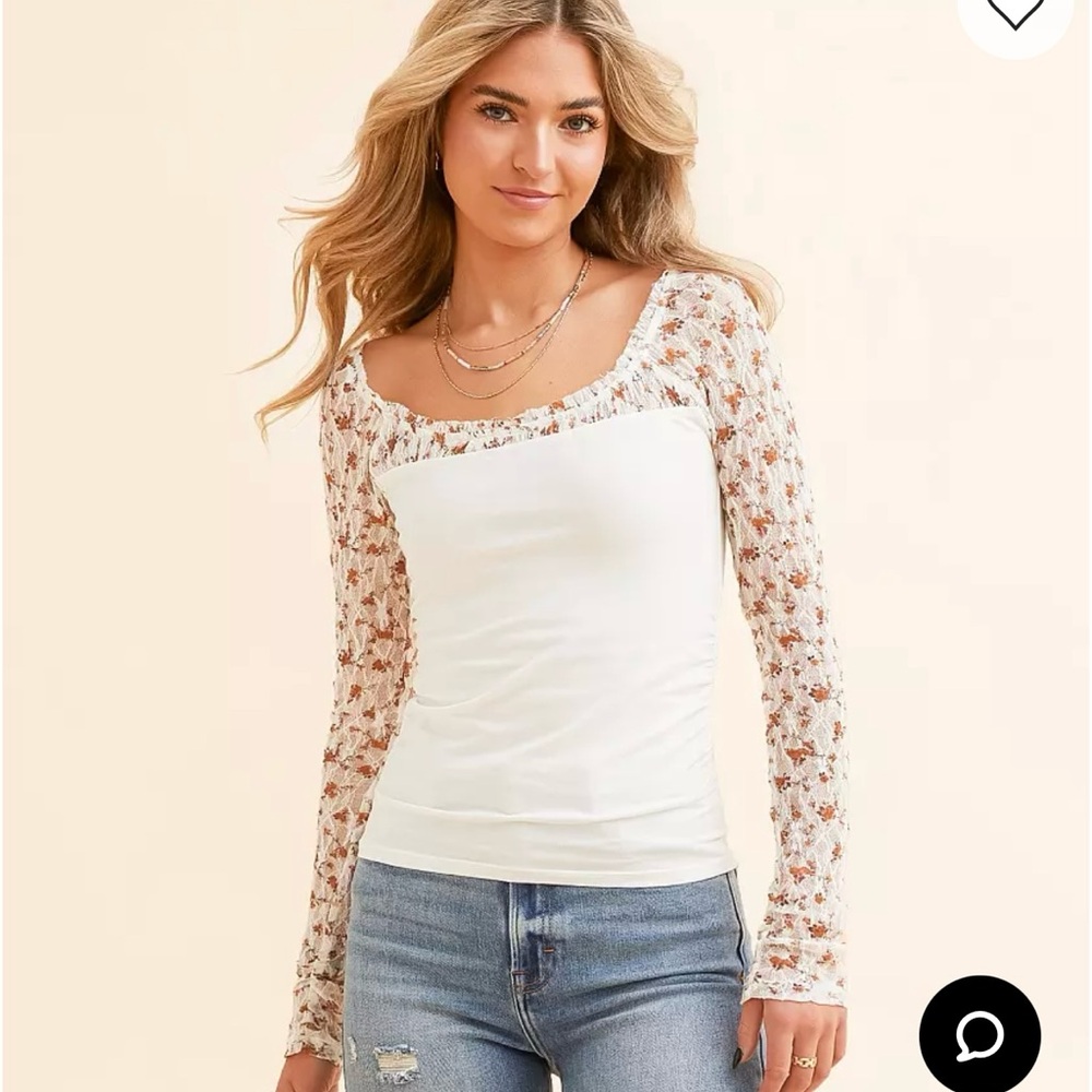 FREE PEOPLE JOSIE Ruffle Long Sleeve Floral Blouse - White